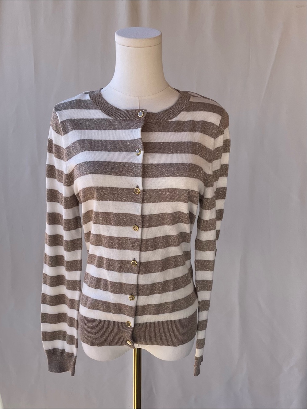 NWT New York & Company Medium Metallic Gold Ivory Striped Cardigan Sweater M